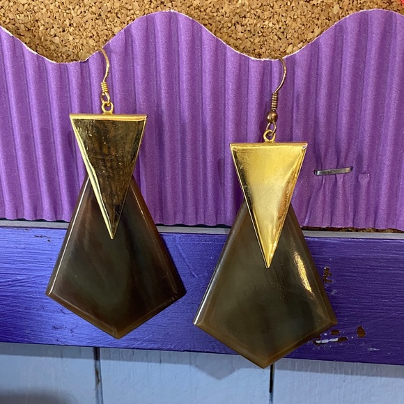 Gold Triangle Top Brown Geometric Drop Earrings - Women Jewelry 3 inch - Picture 3 of 6